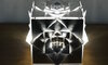 KAGE's Hexaeder (Cube) Platonic Solid Lamp in radiant stainless steel, capturing the elemental spirit of Earth.